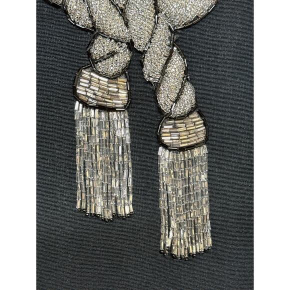 Alex Evenings Vintage Black Silver Beaded Tassel Neck Cocktail Evening Gown L - Picture 3 of 6